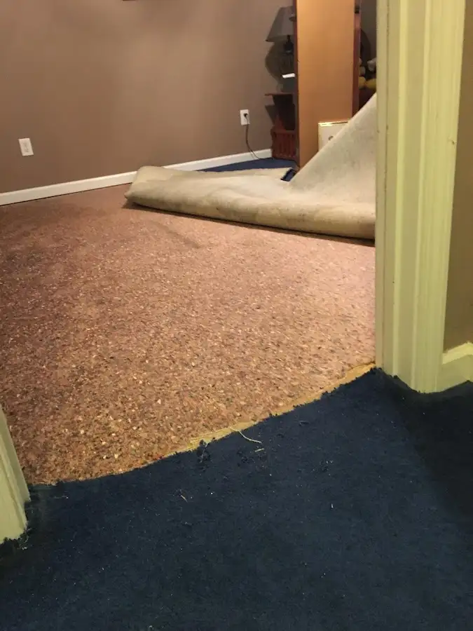 Carpet pad removal revealing water damage during Drying & Dehumidification in Rose Hill